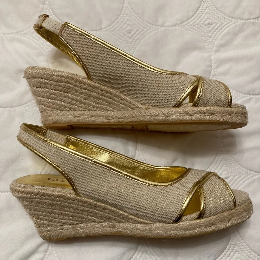 3/$15 Talbots Gold and Beige Espadrilles Peep Toe Wedges, Heels, Sandals 6.5 - Picture 4 of 9